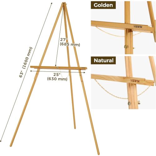 VISWIN Upgraded 63 Gold Wooden Easel Stand for Sign, Tripod Easel for Wedding Sign Stand, Welcome Board, Poster, Picture, Canvas Art Easel Floor with Tray for Display & Painting