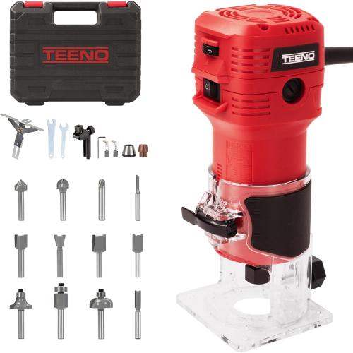 TEENO Wood Router, 650W Compact Router Tool for Woodworking, Hand Wood Trimmer with 12Pcs 1/4 Bits Set, 6 Speeds, Edge & Roller Guide, Portable Tool Box, Dust Hood