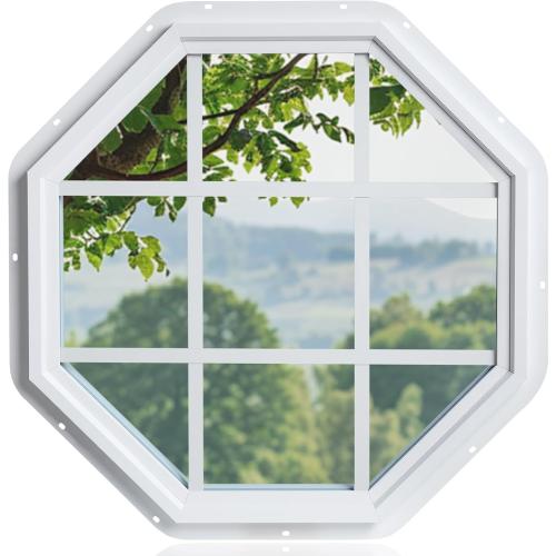 24x24 Vinyl Octagon Window with Grill,Low-E Glass with Argon Gas,Double-Pane Insulated Tempered Clear Glass Octagon Fixed Window and Picture Window