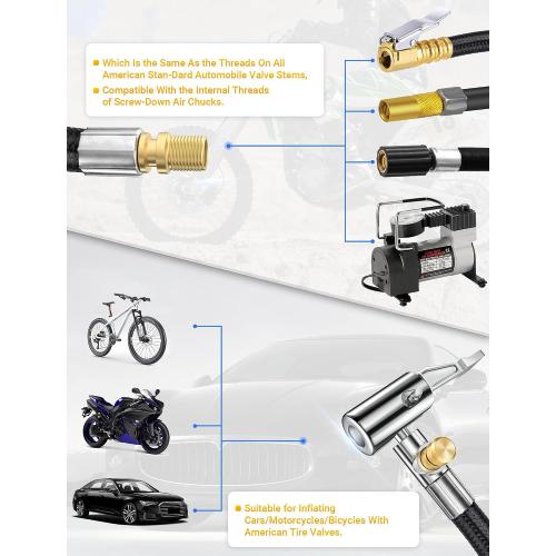 LUMITECO 20 Inch Tire Inflator Hose Adapter, Car Air Hose Self-Locking Air Chuck w/Tire Schrader Valve Fine Thread & Presta Valve Adapter, Quick Connect & Release for Pump Air Compressor Attachments