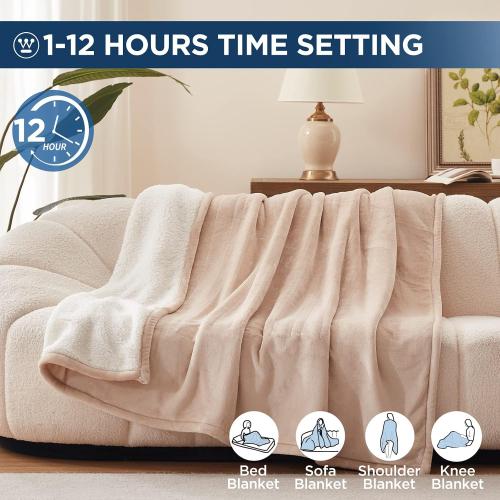 Westinghouse Electric Blanket Twin, Heated Blanket Twin Size with 10 Heating Levels and 1 to 12 Hours Heating Time Settings, Flannel to Sherpa Reversible, Machine Washable (62 x 84, Beige)