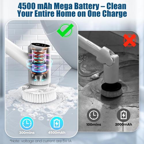 AIRROBO Electric Spin Scrubber, Cordless Electric Scrubber for Cleaning, 300 Mins Runtime, 6 Brush Heads, 47 Adjustable Handle, IPX7 Waterproof for Bathroom, Kitchen, Floors, Tiles, Car Cleaning