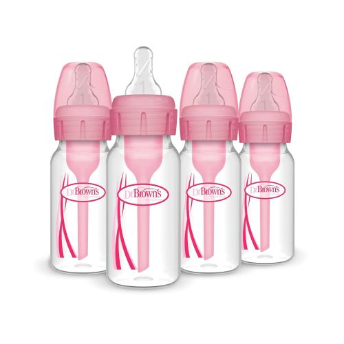 Dr. Brown's Natural Flow Anti-Colic Options  Narrow Baby Bottle, 5 oz/150 mL, with Level 1 Slow Flow Nipple, Pink, 0m , 4 Pack