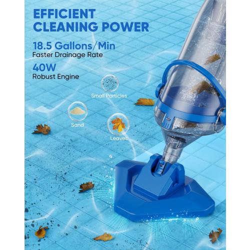 Cordless Pool Vacuum with Telescopic Pole, 18.5 GPM Powerful Suction, 1.5H Supercharge Technology, Handheld Rechargeable Pool Vacuum Cleaner for Above Ground/Inground Pools, Hot Tubs, Spas