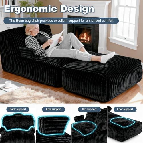 Bean Bag Chair - Large Bean Bag Loungers Chairs for Adults, Teens, and Children.Bean Bag Sofa with Memory Foam Filled and Armrests for Living Rooms, Bedroom, Dorm, or Balcony (Stripe Black)