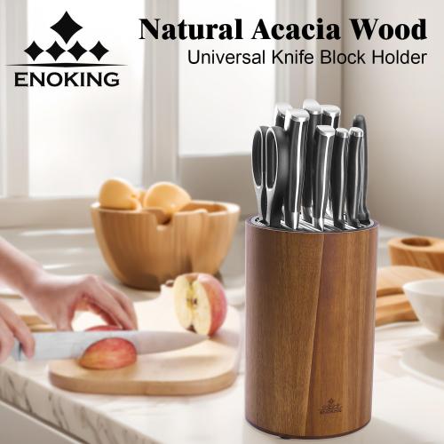 Enoking Universal Knife Block Holder with Plastic Lid, Acacia Wood Knife Block without Knives for Scissors, Sharpening Rod and Knives, Round Knife Storage Organizer Display