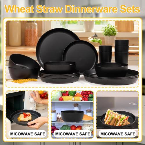 EjonirInjonir 24pcs Non-Toxic Black Wheat Straw Dinnerware Sets for 6 Home