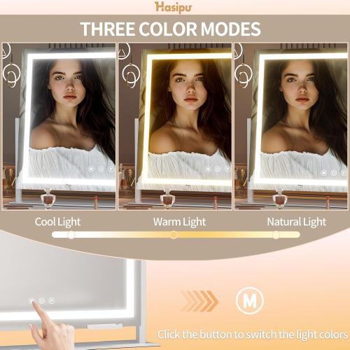 Hasipu Vanity Mirror with Lights, 28 x 20 LED Makeup Mirror, Light up Mirror with 10X Magnification and Phone Holder, USB Charging Port, Smart Touch 3 Colors Dimmable, 360° Rotation (White)