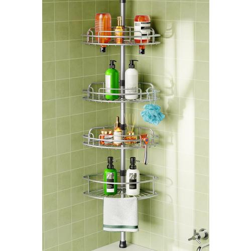 HAMITOR Corner Shower Caddy Tension Pole: 4-Tier Rust-Resistant Adjustable Bathroom Organizer Shelves - 47-121 Inch No-Drill Quick Installation - Space-Saving Storage for Renters Family -