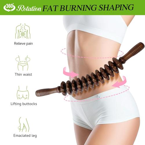 Wooden Curved Handheld Roller Stick Massager - 12 Rollers Wood Therapy Tool for Trigger Point, Fascia & Cellulite Reduction, Lymphatic Drainage, Muscle Tension Relief & Body Shaping (Brown)