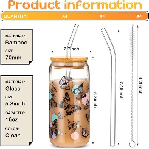 Cunhill 4 Pcs Butterfly Glass Cups Bulk Butterfly Iced Coffee Cup with Bamboo Lid and Straw 16oz Drinking Glasses Beer Can Cup for Birthday Gift Women Teacher Mom Sister