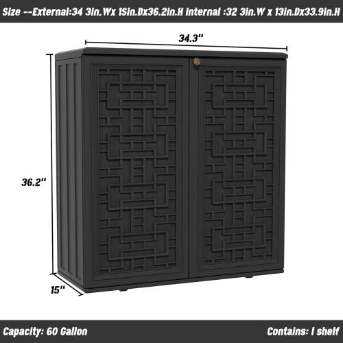 Size 34.3x15x36.2 Color Black Outdoor Storage Cabinet Waterproof with Shelf,Resin Storage Sheds Outdoor Cabinets for tub towels/chemicals/grill items/Patio/Garden/Backyard, Size 34.3''L*15''W*36.2''H（Black）