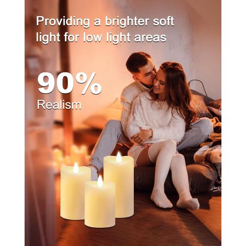 LOGUIDE Flickering Flameless Candles with Remote Timer, Realistic 3D Moving Flame with Real Wax Pillar LED Candles,Lasting 500 Hours Battery Operated Candles for Wedding Decoration, Christmas,3 Pack