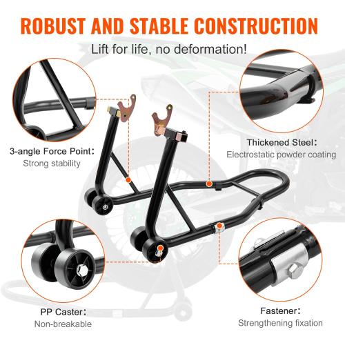 vevor Motorcycle Stand Lift 850lbs Front Rear Combo Stand Lift Stand Front Wheel Fork Stand Rear U L Fork Swingarm Spool Stand Compatible with Most Yamaha Honda Kawasaki Suzuki Motorcycles Black