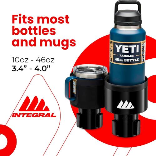 Integral Ultimate Car Cup Holder Expander with Adjustable Base & Organizer | Fits Yeti 14/24/36/46oz, Hydro Flask 32/40oz, Ramblers, mugs & 3.4-4.0in bottles, rubber-tab adjustable base