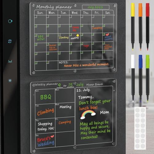 Magnetic Acrylic Calendar for Fridge,2 Pack 12x16 Clear Fridge Calendar Dry Erase Magnetic Planning Boards Set for Refrigerator with 6 Colorful Highlight Markers