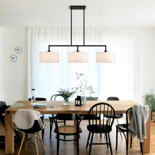 47 W Modern Linear Kitchen Island Pendant Light Fixture 3-Light White Linen Drum Shade Chandelier Black Metal Linear Chandeliers for Dining Room Farmhouse Hanging Light for Living Room, Bar, E26