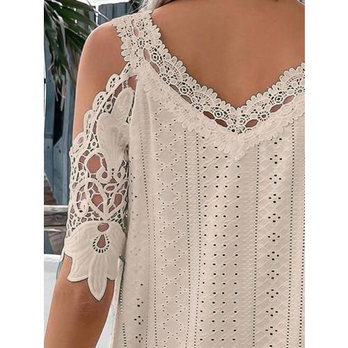 Flamingals Women's Cold Shoulder Eyelet Short Sleeve Hollow Out Lace Floral Sleeveless Blouse Top Large