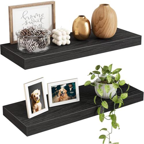 Fixwal Floating Shelves for Wall, 15.7 Wood Wall Mounted Shelves for Living Room, Bedroom, Bathroom and Kitchen, for Storage, Books, Room Decor (Black, Set of 2)