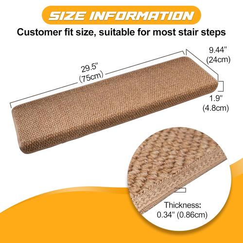 Bullnose Carpet Faux Sisal Stair Treads | Set of 14 | Stair Treads for Wooden Steps Indoor Anti Slip Braided Staircase Protector Pet Friendly Rugs Covers 9.44 X 29.5x 1.9,Golden