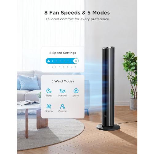 GoveeLife Black Tower Fan for Bedroom, 36 Smart Floor Fan with App/Voice Control, Temperature Sensor, 5 Modes 8 Speeds(25ft/s), 29dB Quiet Oscillating Fan for Office, 24H Timer, Auto Cooling