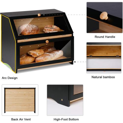 HOMEKOKO Double Layers Large Bread Box for Kitchen Counter, Wooden Large Capacity Bamboo Bread Food Storage Bin - Black