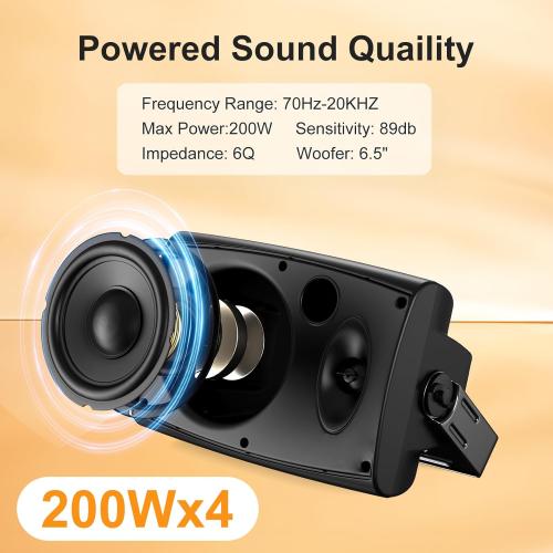 6.5 Inch Max 800W Outdoor Bluetooth Speakers Waterproof Wired with Multifunctional Amplifier Wall Mount Outdoor Speaker System for Patio Garden Poolside Home(4 Speakers,Black)