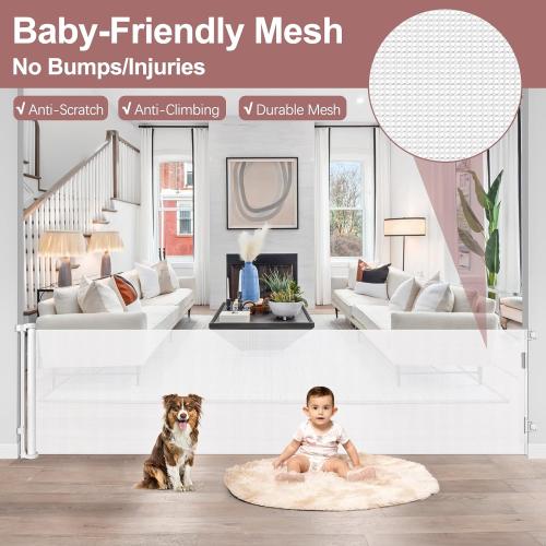 85 Inch Wide Baby Gate for Wide Openings Indoor Retractable Baby Gates Outdoor Retractable Dog Gate Mesh Gates for Kids or Pets Long Pet Gate for Doorways Long Dog Gate for Stairs, Porches, White