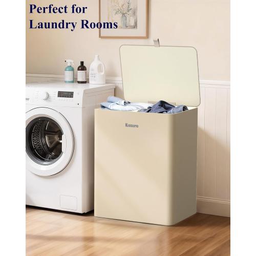 Kitsure Laundry Basket 160L – Large Laundry Hamper with Lid, 2-Compartment Divided Clothes Sorter with Removable Hamper Bags, Beige Organizer for Laundry Room, Bathroom & Bedroom, 22.2 x 16 x 27.4
