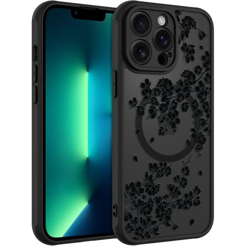 OOK Black Floral Flowers Phone Case Made for iPhone 13 Pro Max 6.7 Inch | Compatible with MagSafe, Magnetic, Translucent Phone Cover, Soft TPU   Hard PC, Anti-Scratch, Shockproof, for Women