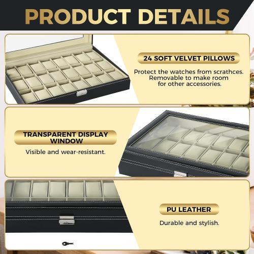 NATGAI Watch Box 24 Slots, Elegant Watch Display Case Glass Top (Beige) | PU Leather Watch Storage Box with Removable Cushion, Lockable Watch Holder Organizer for Men & Women