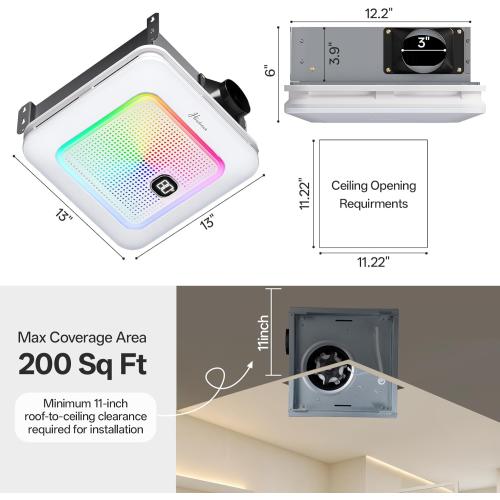 Bathroom Exhaust Fan with Bluetooth Speaker, 230 CFM 1.0 Sone Bathroom Exhaust Fan with Light, 3 Dynamic Light, 7 LED Color, 3 Color Temperatures, Nightlight,Remote, Easy Install (White)