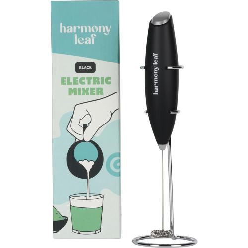 Harmony Leaf Handheld Milk Frother, Stainless Steel Electric Drink Mixer with Stand, Battery Operated Coffee Frother for Lattes, Matcha, Hot Chocolate and More, Black