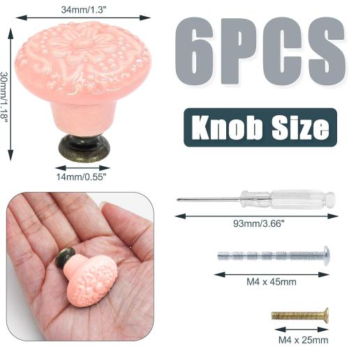 Biaungdo 6 Pcs Pink Ceramic Kitchen Cabinet Knobs and Pulls, Retro and Vintage Round Drawer Knobs for Cabinet, Drawer, Cupboard and Closet Door Handles