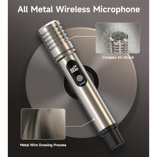 Wireless Microphones, Microphone with One-to-One Chip Connection and Rechargeable Receiver, 40H Duration, 200FT Range Receiving, Less Latency, Metal Construction Microphone for Singing