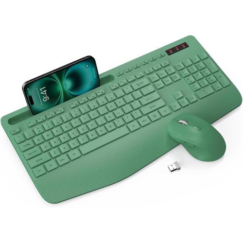 Wireless Keyboard and Mouse Combo - Full-Sized Ergonomic Keyboards with Wrist Rest, Phone Holder, Sleep Mode, Silent 2.4GHz Cordless Combo for Computer, Laptop, PC, Mac, Windows -Trueque