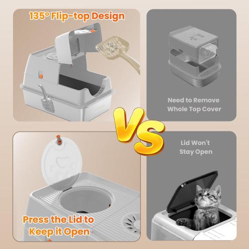 Stainless Steel Litter Box with Lid, 135° Flip-Top Extra Large Cat Litter Pan, Enclosed Metal Litter Box with Litter Scoop & Filter Pedal,Odor Free, Front & Top Dual Entry