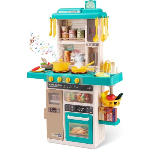 50Pc Green Kids Kitchen Play Set，Interactive Kids Kitchen Play Set with 50Pcs of Pretend Kitchen Toys，Realistic Sound Effects，and Simulated Functionality - Suitable for Toddlers Aged 3-5 Years (Green)