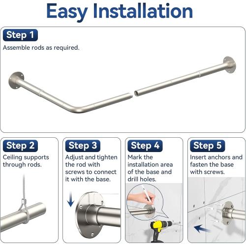 L Shaped Shower Curtain Rods, Adjustable (23''-69'' X 23''-69'') Corner Shower Rod with 12 Shower Curtain Rings, All 304 Stainless Steel, for Bathroom, Bathtub, Clothing Store, Need to Drill, Silver