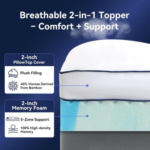 King Size Dual Layer 4 Inch Memory Foam Mattress Topper, 2 Inch Cooling Gel Memory Foam and 2 Inch Soft Pillow Top Mattress Pad Cover for Back Pain Relief, with Elastic 21 Deep Pocket
