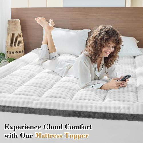 Cymula Queen Mattress Topper Fleece Bubble Pillow Top Mattress Pad Cover for Back Pain Faux Fur Extra Thick Mattress Protector Soft with Fluffy Down Alternative, 8-21 Deep Pocket, White