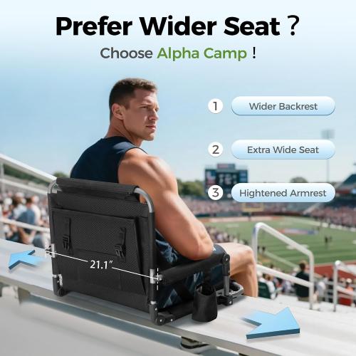 ALPHA CAMP Extra Wide Padded Stadium Seats for Bleachers with Back Support | Padded seat ,Universal Hooks,Straps,pockets,Heavy Duty Steel Frame,Cup Holder ,Bleacher Parents,Sports Events Easy Setup