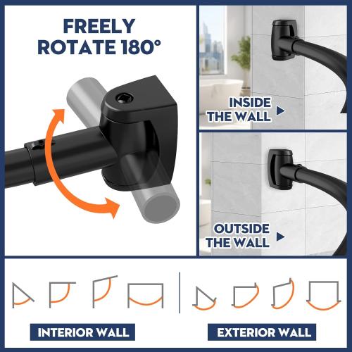 Black Curved Shower Curtain Rod 33-78 Inches Adjustable Splicing Design Need To Drill Shower Rods Curved Round Bowed Rust proof, Premium Stainless Steel Shower Curtain Rod for Bathroom, Bathtub, Stall