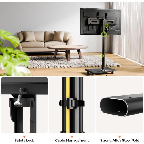 Mobile TV Cart Rolling TV Stand for 26-70 inch Screens, Mobile TV Cart Holds up to 88lbs, 25° Swivel with 6 Levels of Height Adjustment for Optimal Viewing, TV Stands for Office,Room, Outdoor,Corner