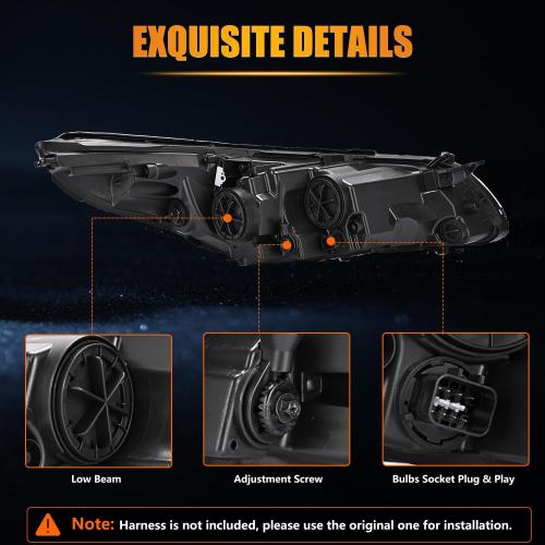 Headlight Assembly for Hyundai Sonata, Passenger & Driver Side Halogen Headlamp with Clear Lens Black Housing Amber Reflector, 1 Pair,