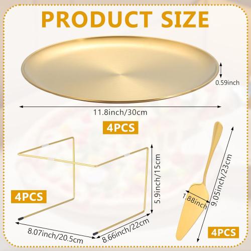 12 Pcs Pizza Pan Riser Stands Sets Includes 4 Metal Pizza Table Stands 4 Pizza Pan and 4 Wood Handle Pie Server, Pizza Rack Stand Pizza Tray for Pizza Dessert Cheese (Gold) ❗MAY HAVE MISSING PIECES❗