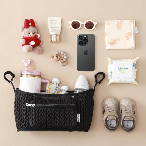 Stroller Organizer - Stylish Quilting Nylon, Universal Fit, Detachable Bag, Adjustable Multi-Storage for Baby Stroller and Pet Stroller（Black-A