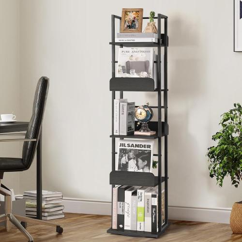 Bikoney Rotating Bookshelf, 360 Display Spinning Bookshelf Tower, 5-Tier Narrow Bookcase, Tall Industrial Book Shelf Organizer, Small Corner Book Shelves for Living Room, Black