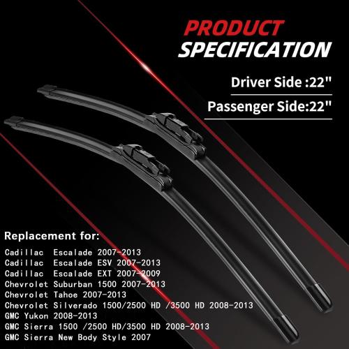 Windshield Wiper Blades Replacement for 2007-2013 Chevy Silverado | 1500/2500HD/3500HD Tahoe Suburban Avalanche GMC Sierra Yukon OTUAYAUTO All-Weather Performance 22 22 Wipers (Pack of 2)