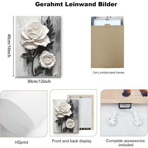Framed Wall Art Canvas Wall Art White Rose Floral Framed Canvas Wall Single Piece Sculpture Wall Decor for Living Room Bedroom Office Modern Home Art Elegant Floral Art 12x16 Inch